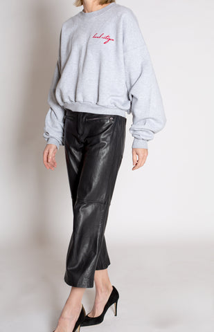 Red Embroidered Cropped Crew in Stone Grey